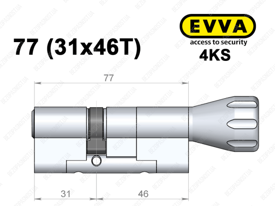 Цилиндр EVVA 4KS 77 мм (31x46T), с тумблером
