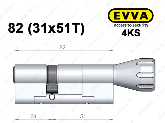 Циліндр EVVA 4KS 82 мм (31x51T), з тумблером