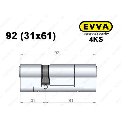 Циліндр EVVA 4KS 92 мм (31x61), ключ-ключ