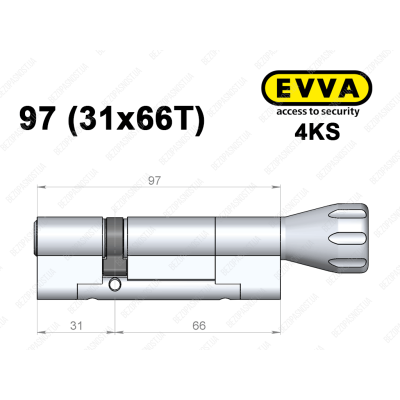 Цилиндр EVVA 4KS 97 мм (31x66T), с тумблером