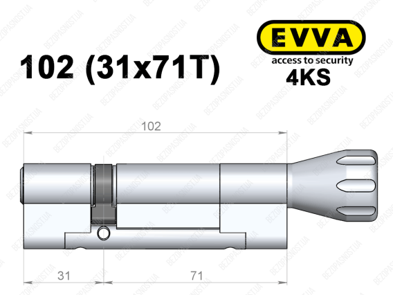 Цилиндр EVVA 4KS 102 мм (31x71T), с тумблером