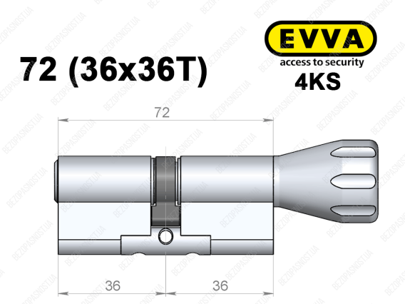 Цилиндр EVVA 4KS 72 мм (36x36T), с тумблером