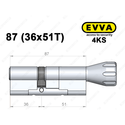 Цилиндр EVVA 4KS 87 мм (36x51T), с тумблером