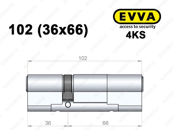 Цилиндр EVVA 4KS 102 мм (36x66), ключ-ключ