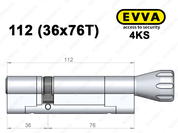 Цилиндр EVVA 4KS 112 мм (36x76T), с тумблером