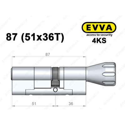 Цилиндр EVVA 4KS 87 мм (51x36T), с тумблером