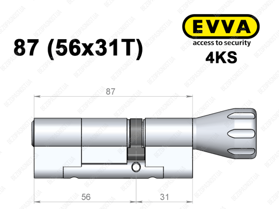 Цилиндр EVVA 4KS 87 мм (56x31T), с тумблером