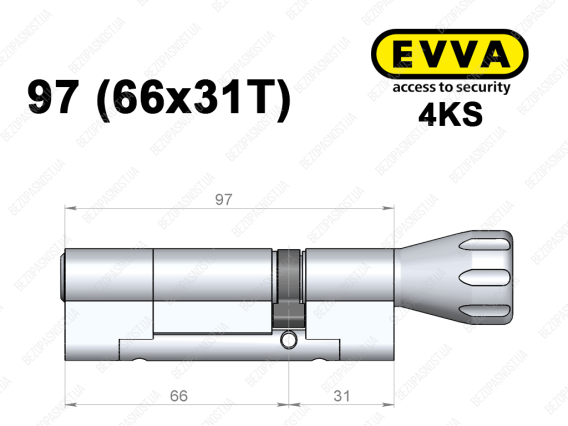 Цилиндр EVVA 4KS 97 мм (66x31T), с тумблером