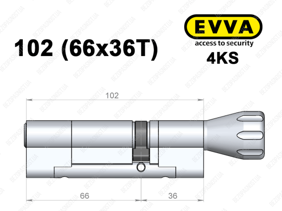 Цилиндр EVVA 4KS 102 мм (66x36T), с тумблером