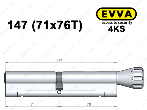Цилиндр EVVA 4KS 147 мм (71x76T), с тумблером