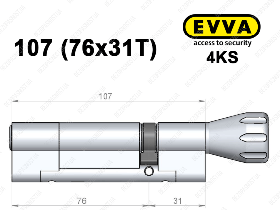 Цилиндр EVVA 4KS 107 мм (76x31T), с тумблером