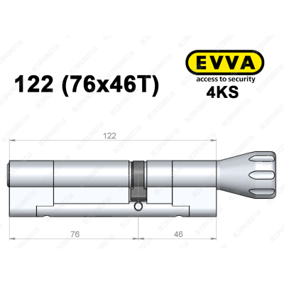 Цилиндр EVVA 4KS 122 мм (76x46T), с тумблером