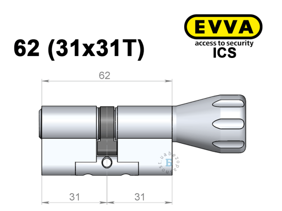 Цилиндр EVVA ICS 62 мм (31x31T), с тумблером