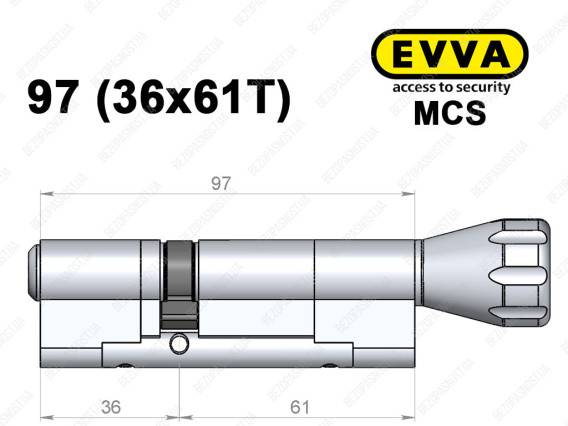 Цилиндр EVVA MCS 97 мм (36x61T), с тумблером